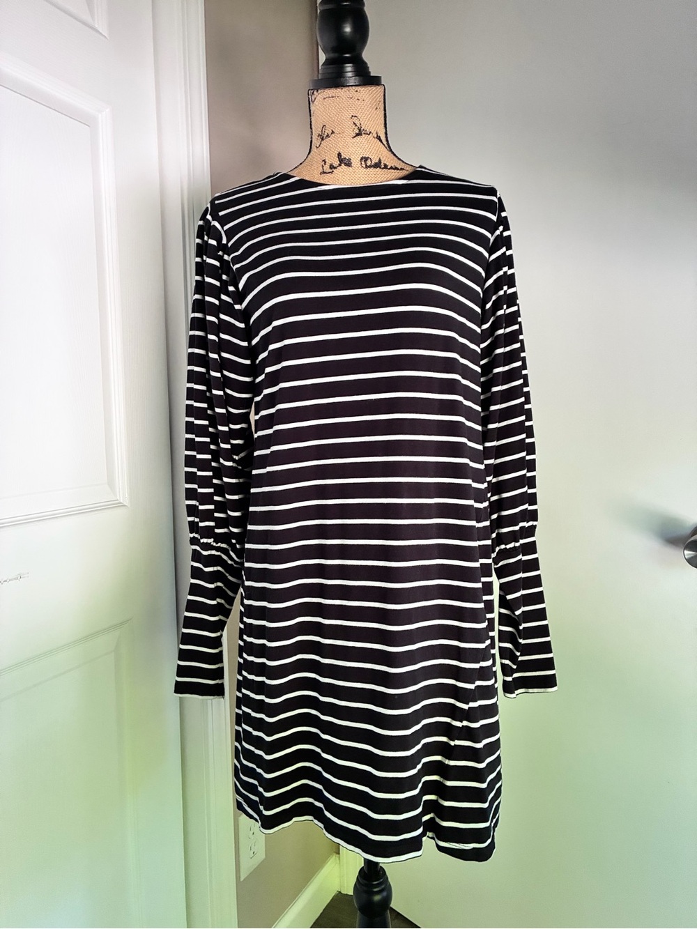 French Connection Black & White Striped Long Sleeve Dress Tee